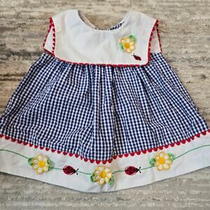 Samara Vintage Blue Gingham Picnic Dress‎ 3-D Floral Embroidered Ladybug 2T Girl